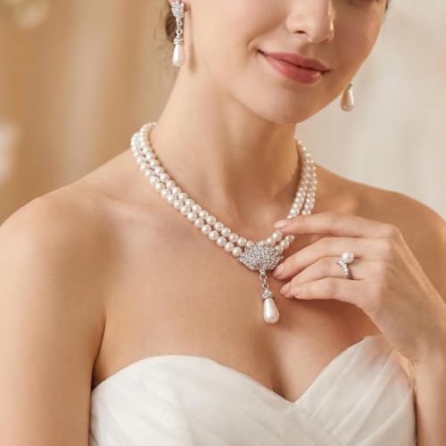 Pearl Bride Wedding Jewelry Set Faux Pearls Crystal Rhinestone Necklace Earrings Bracelet Sets for Women Bridesmaid(3 PCS) - color: White - Double Pearl