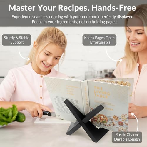 Rustic Black Cookbook Stand for Kitchen, Recipe Book Holder for Kitchen Counter, Wooden Cookbook Holder, Rustic Cook Book Holder Stand with Natural Wooden Grains (1 in Black) - size: 1 in Black (8.6" x 6.7")