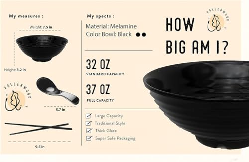 4 Ramen Bowls, 12 pieces Pho set. All Black Asian Japanese soup. Utensil: Spoons And Chopsticks kit. Melamine. Large 37 oz. Noodles, Rice, Udon, Thai, Chinese, Korean, Wonton, Miso - color: All Black x4