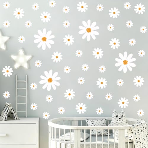 Large Daisy Wall Decals - 12 Sheets 56Pcs Boho Flower Wall Stickers Vinyl Daisy Floral Decals Wallpaper Peel and Stick for Nursery Bedroom Living Room Home Décor - color: Daisy