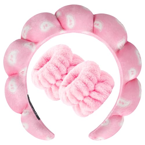 Zkptops Spa Headband for Washing Face Wristband Set Sponge Makeup Skincare Velvet Fabric Bubble Soft Get Ready Hairbands for Women Puffy Headwear Non Slip Thick Thin Hair Accessory (Pink Nuts) - color: ZYI Nuts Pink