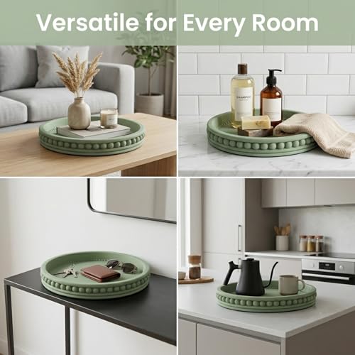 Round Solid Concrete Tray, Fluted Centerpiece for Coffee Table Decor 11" - color: Green