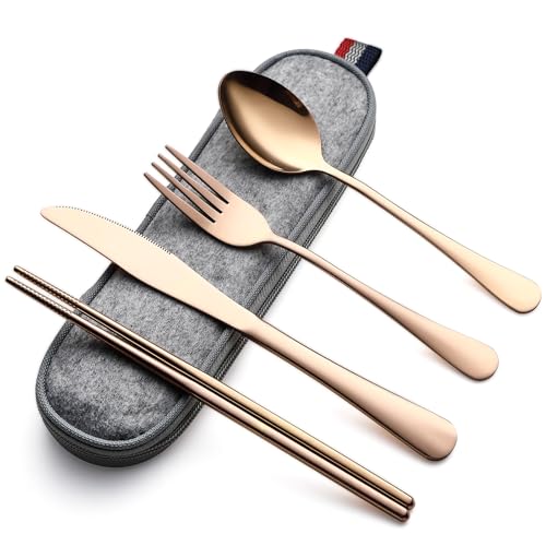 DEVICO Travel Utensils with Case, 5 Piece Portable Silverware Set for Work - color: Rose Gold