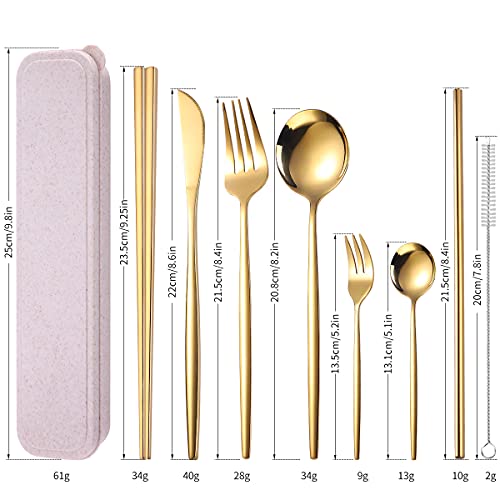 AARAINBOW 8 Pieces Stainless Steel Flatware Set Portable Reusable Cutlery Set Travel Utensils Set Including Chopsticks Knife Fork Spoon Straws Cleaning Brush Dishwasher Safe (Golden) - color: Golden