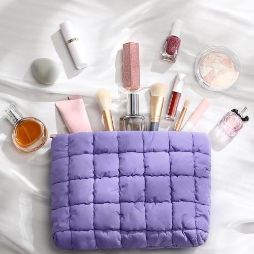 Hillban Purple Puffy Quilted Makeup Bag for Women Cosmetic Gift, Classic - color: Punple, size: Classic