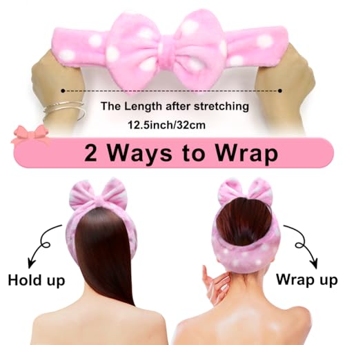 Shintop Women Fashion Lovely Soft Carol Fleece Bowknot Bow Makeup Cosmetic Shower Elastic Hair Band Hairlace Headband (Pink Polka dots) - color: Pink