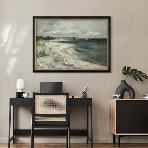 MUDECOR Premium Framed Wall Art Ocean Wave Beach Shore Landscape Nature Wilderness Illustrations Fine Art Decorative Farmhouse/Country Multicolor Zen for Living Room, Bedroom, Office - 26"x36" Black - color: A07-2308-na33, size: 36"L x 26"W, style: Black