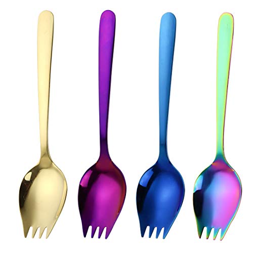 JUCOXO Sporks 4 Pack Stainless Steel Sporks 5.9 inch Spork Spoon for Ice Cream Spoon Salad Forks, Fruit Appetizer Dessert Spoons (Multicolor) - color: Rainbow, Blue, Purple, Gold