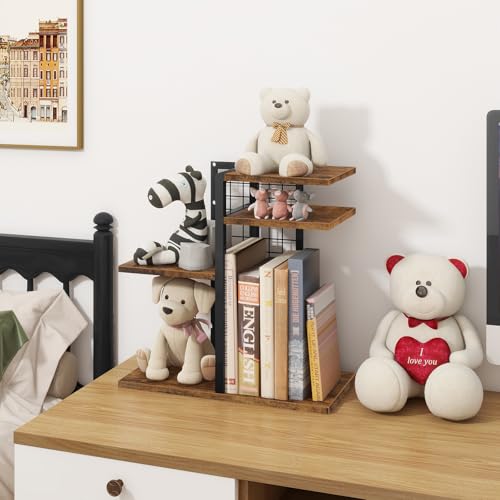 ELITEROO Desktop Shelf Organizer, 4-Tier Wooden Desk Bookshelf, Small Tabletop Book Shelf, Adjustable Display Rack for Home, Office, Dorm, Rustic Brown - color: Brown