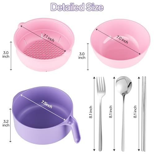 MEACOLIA Large Ramen Bowl Set, Microwave Noodle Pasta Cooker with Lid and Strainer, with Stainless Steel Chopsticks, Spoon, Fork, College Dorm Room Essentials for Girls for Boys (Pink) - color: Pink, size: 50 oz Ramen Bowl (with Travel Utensils)