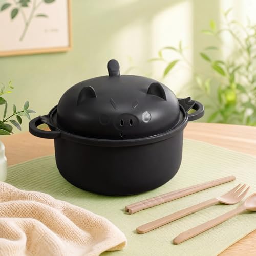 2 Sets 45oz Cute Pig Ramen Bowl Set Microwavable Cook, Black, Gray - color: Black,Gray