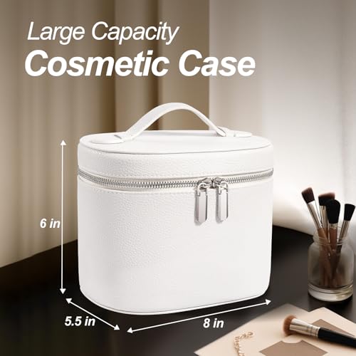 Cosmetic Case, Leather Makeup Bag, Portable Handheld Makeup Case, Detachable Compartments - color: beige, size: M(8*5.5*6in)