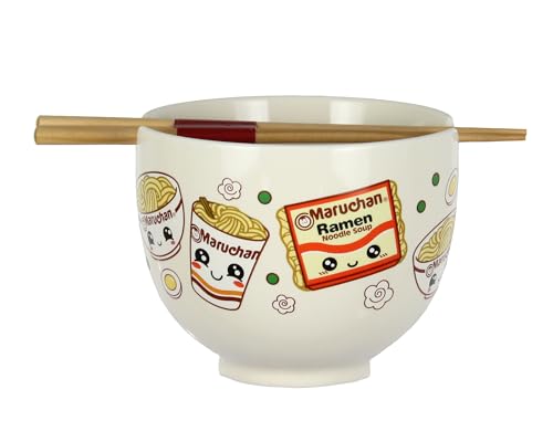 Mad Engine Ramen Bowl Maruchan Kawaii Noodles Microwave Dishwasher Safe Ceramic Bowl w/Reusable Bamboo Chopsticks (Kawaii Noodles)