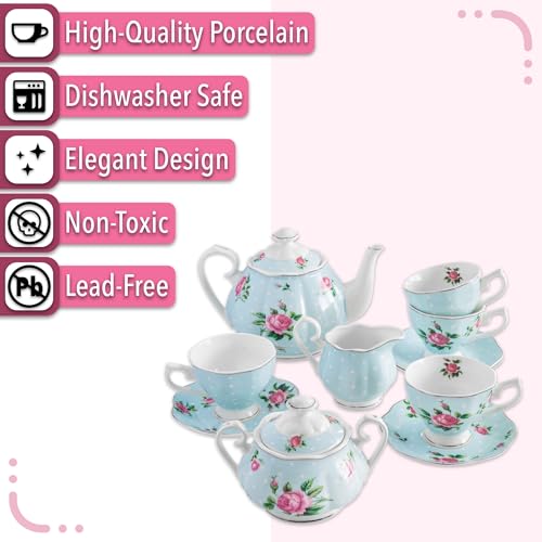 BTaT- Floral Tea Sets for Adults, 13 pcs, Service for 4, Pot (38 oz) & Cups (8 oz) with Saucers, Pastel Blue Floral Design, Porcelain Tea Set for Adult, Dishwasher Safe - color: Blue