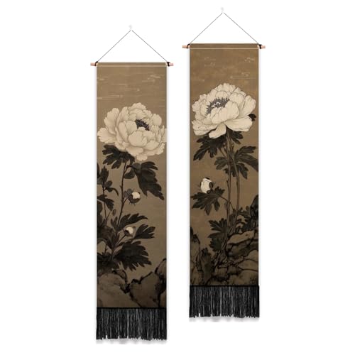 PLIGREAT 2 Pack Japanese Peony Vertical Tapestry with Tassels Elegant Flower Wall Hanging for Bedroom Bathroom Living Room Warm Long Narrow Wall Hanging Dorm Room Home Art Decor - color: white,brown