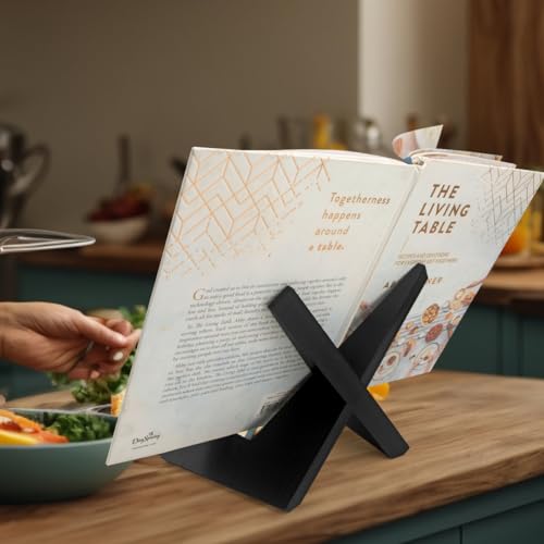 Rustic Black Cookbook Stand for Kitchen, Recipe Book Holder for Kitchen Counter, Wooden Cookbook Holder, Rustic Cook Book Holder Stand with Natural Wooden Grains (1 in Black) - size: 1 in Black (8.6" x 6.7")