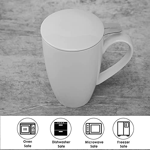 amhomel Porcelain Tea Mug with Infuser and Lid, 16 Ounce Ceramic Tea Cup for Loose Leaf, Coffee, Cocoa and Milk, Tea Gift for Tea Lovers, Set of 2(White) - color: White