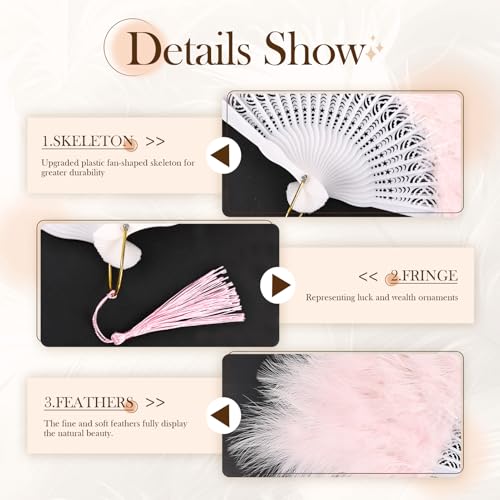 whitefeather Vintage Feather Hand Fan, 17.7 x 11.8 inches, Marabou Feathers, 1920s Style for Costume Parties, Tea Parties - color: Light Pink