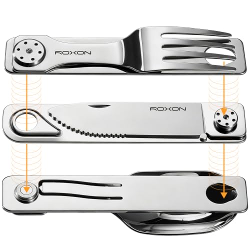 ROXON 3-in-1 Camping Utensils Set with Case (Knife, Spoon, Fork) Silver - color: Silver