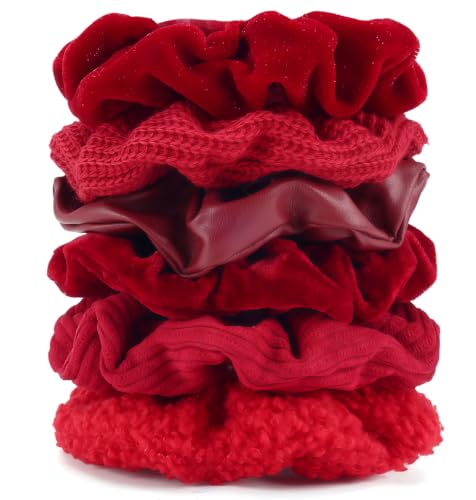 Scrunchies for Women Girls 6Pcs Red Velvet Scrunchies for Thick Hair Ultra Textured Soft Corduroy Scrunchy Hair Ties Christmas Elastic Hair Bands Fuzzy Ponytail Holders Cute Hair Accessories - color: C-Red 6PCS