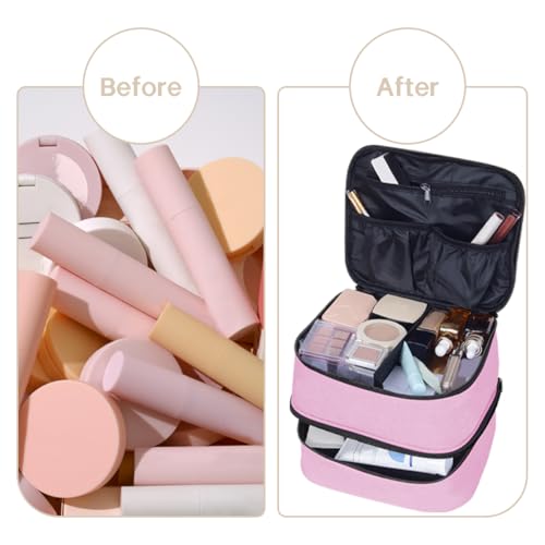 Double Layer Makeup Bag with Adjustable Dividers, Pink - color: Pink