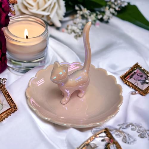 ROSA&ROSE Cat Ring Holder Trinket Tray Ceramic Jewelry Dish Decorative Ring Holder/Trinket Tray Engagement Wedding Birthday Gifts for Women Her(Pink) - color: Pink