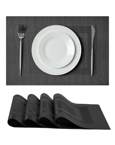 Leetaltree Black Frame Placemats Set of 4 - Heat Resistant Non-Slip Place mats for Dining Table, Washable Durable PVC Vinyl Woven Table Mats（Black Frame, 4） - color: F1- Black Frame, size: Set of 4