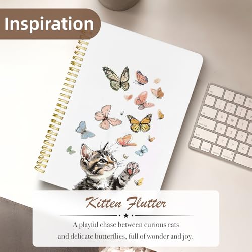 Cute Spiral Notebook Lined Journal B5 Note Book with Pocket, Cat - color: Cat Butterfly