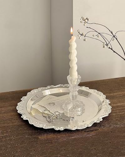 2PCS Coffee Table Tray 11.8in Round Decorative Tray Vintage Metal Dessert Plates for Snacks Fruit Silver - color: Silver, size: 11.8 in