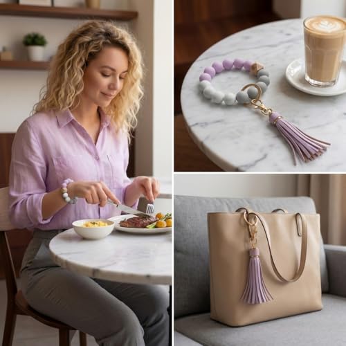 BIHRTC Key Ring Bracelet Car Keychain Holder Wristlet Silicone Women Beaded Bangle Chains - color: Eye Lavender Purple