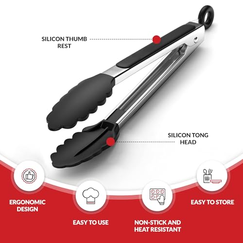 Kitchen Tongs for Cooking with Silicone Tips by Boxiki Kitchen, BPA Free Stainless Steel set of 2 Silicone Tongs for Cooking, Grilling & Toss a Salad, Heat Resistant Grill Tongs for Serving BBQ Food. - color: Black Silicon