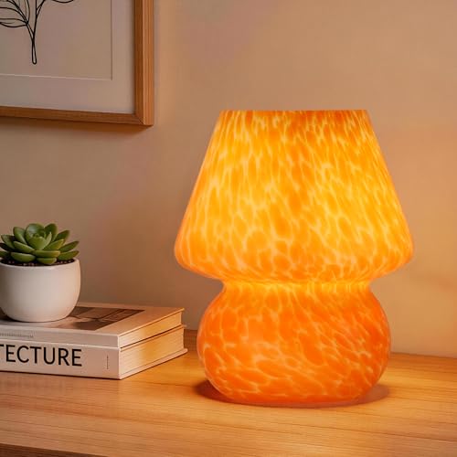 Mushroom Lamp with LED Bulb, Small Glass Bedside Lamp, Coral Orange - color: Coral Orange