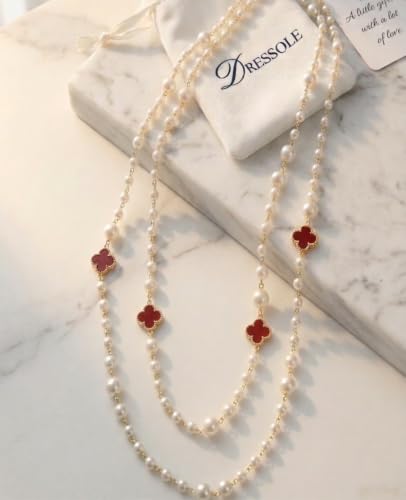 Long Pearl Necklace for Women Layered Lucky Clover Jewelry Gift - color: Red Clover