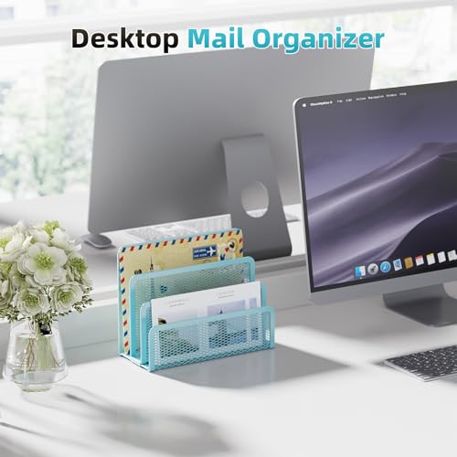Marbrasse Mail Organizer for Desk, 3-Slot Mesh Metal Mail Holder countertop, Letter Holder, Office Desktop Envelope and Document Storage Rack (Blue) - color: Blue