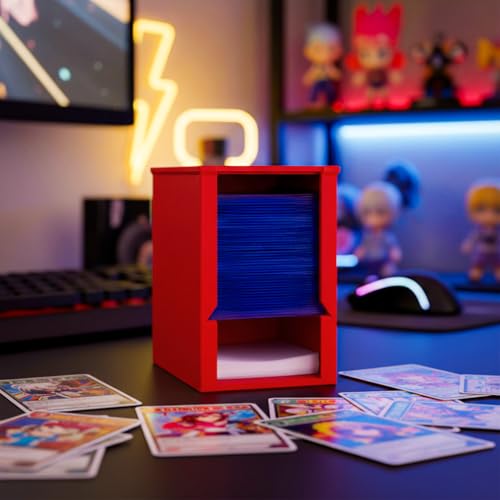 Toploader Dispenser & Penny Sleeve Holder - Dual Compartment Holds 250 Penny Sleeves & up to 50 Top Loaders, Stackable Card Storage Box with Dustproof Lid (Red) - color: Red