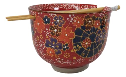 Ebros Gift Artistic Donburi Ramen Udon Noodles Soup Salad 5" D 18Oz Bowl With Bamboo Chopsticks And Built In Rest Set Asian Dining Kitchen Accent (Red Floating Colorful Flowers) - color: Red Floating Colorful Flowers