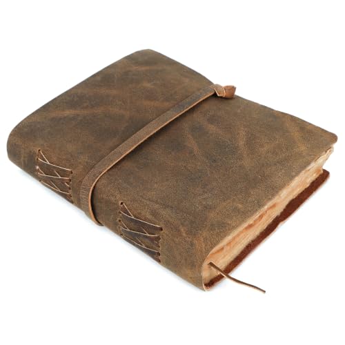 ELIZO Vintage Leather Bound Journal for Men & Women, Book of Shadows Grimoire Journal, Strap Closure-200 Handmade Deckle Edge Pages Genuine Leather Sketchbook Notebook, Teak Brown, 6X8 Inches - size: 6x8 (Strap Closure)
