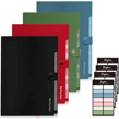 SKYDUE 8 Pockets Accordion File Organizer, Expanding File Folders, Portable Document Paper Organizer, A4 Letter Size, Snap Closure, Pack of 4 - color: Black Blue Red Green