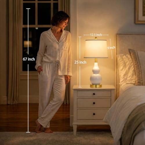 Rinweey 25" White Double Gourd Ceramic Lamps Set of 2, Modern Bedside Lamps - color: White - 25"H