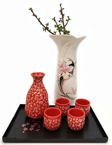 JapanBargain, Porcelain Sake Set Sake Bottle and Sake Cups Saki Set, Microwave Safe, 9.5 oz (Red-Calligraphy) - color: Red-Calligraphy