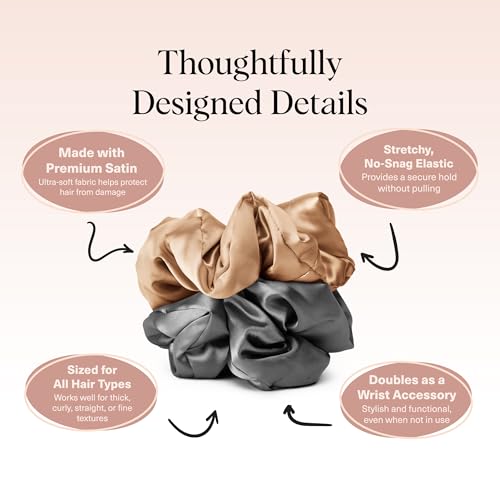 Kitsch Pillow Satin Scrunchies for Women - Charcoal & Gold, 2pcs - color: Gold