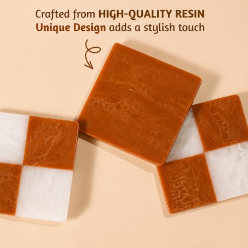 Folkulture Cute Fall Coasters, Set of 4, Non Slip, Easy to Clean - 4 Inch - color: Checkered - Rust