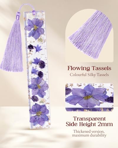 Buleens 2PCS Bookmarks for Women - Purple Yellow Book Marks for Readers Book Lovers, Personalized Handmade Dried Flower Resin Pressed Flowers Bookmark with Tassels, Pretty and Aesthetic - color: Purple Yellow