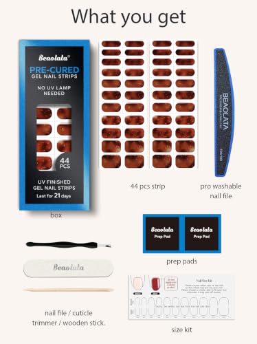 Real Gel Nail Strips (No UV Light Needed) - 44Pcs Salon Quality Nail Stickers - Long Lasting Polish Wraps for Women, Easy Apply & Remove (Molten Honey) - color: Molten Honey Brown