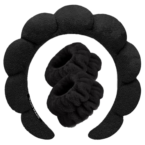 Spa Headbands for Washing Face Wristband Set Sponge Makeup Skincare Headband Wrist Towels Bubble Soft Terry Towel Cloth Hairband for Women Puffy Headwear Non Slip Thick Thin Hair Headwear (Black) - color: Black