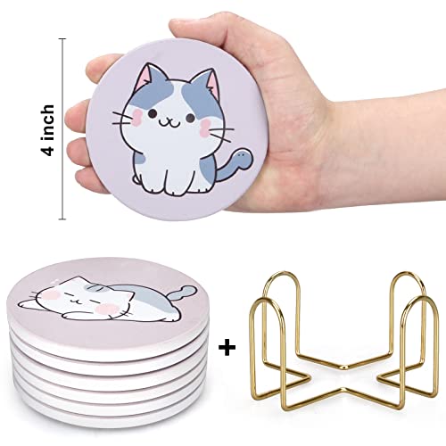 Cute Coaster Set of 6 Cat Lover Gift Kawaii Anime Decor Ceramic Coasters - color: Cat Set of 6
