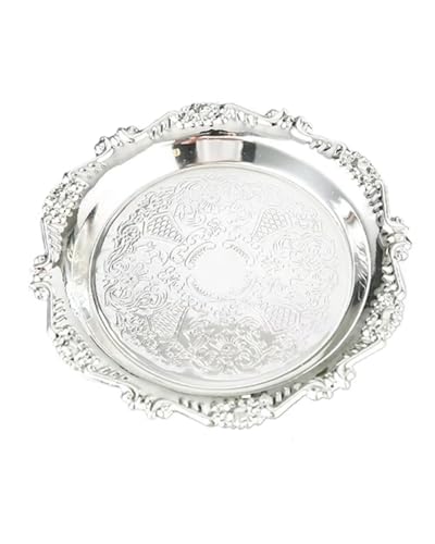 Round Decorative Tray 9.8in Metal Dessert Plates Vintage Coffee Table Tray for Snacks Fruit Silver - color: Silver, size: 9.8"