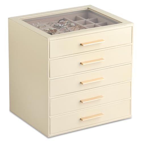Frebeauty Jewelry Box for Women,Clear Lid Jewelry Organizer with 5 Drawers - color: Beige, size: 5 Drawer