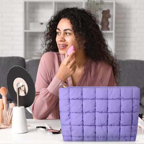 Hillban Purple Puffy Quilted Makeup Bag for Women Cosmetic Gift, Classic - color: Punple, size: Classic
