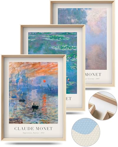 HesenDot Framed Claude Monet Water Lilies Canvas Wall Art Set of 3 12x16in - color: Framed Monet Vintage, size: 16"L x 12"W